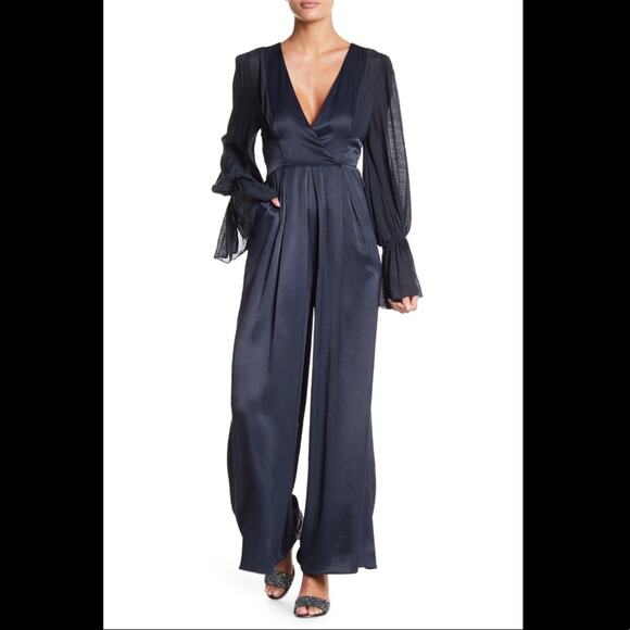 FREE PEOPLE “Not Your Baby” Satin Wide Leg Deep V High Waist Jumpsuit Size 0/XS - Picture 2 of 16